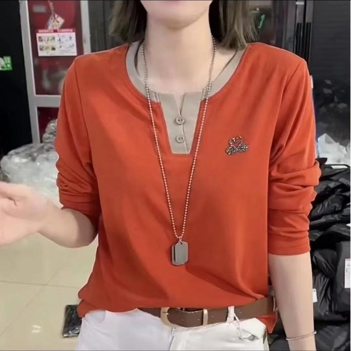 [品质好货]新款纽扣烫钻小天鹅V领撞色打底衫宽松百搭显瘦