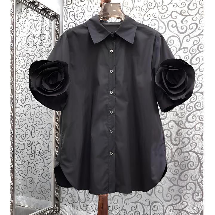 别致减龄独特玫瑰贴花短袖白色宽松衬衫女法式新款气质衬衫上衣女