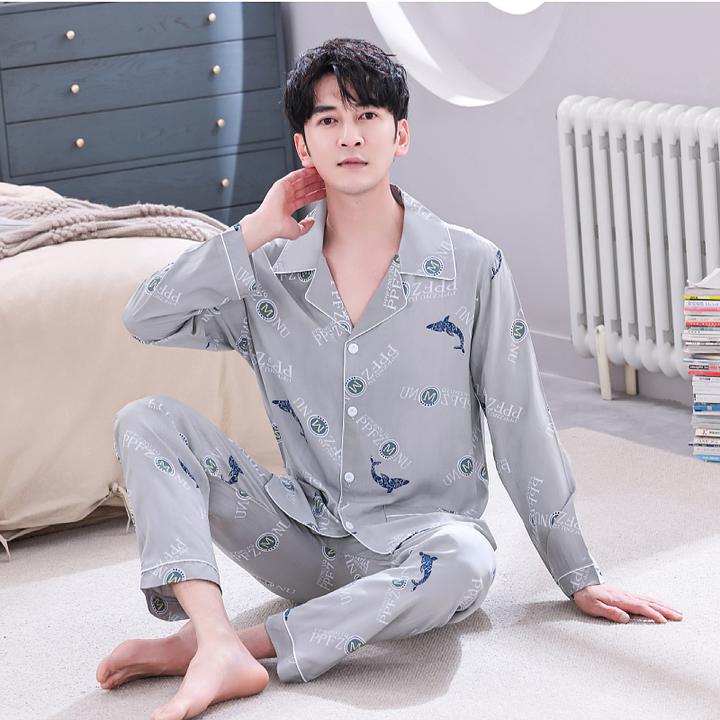 25年春夏季男士休闲棉绸家居服薄款长袖长裤绵绸空调服套装睡衣