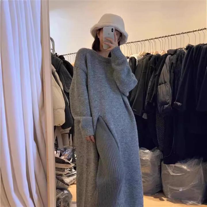 秋冬慵懒风圆领套头毛衣裙子女宽松过膝中长款侧边开叉针织连衣裙