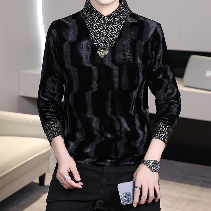 2024时尚秋冬加绒加厚长袖卫衣男士修身潮流休闲保暖金丝绒打底衫