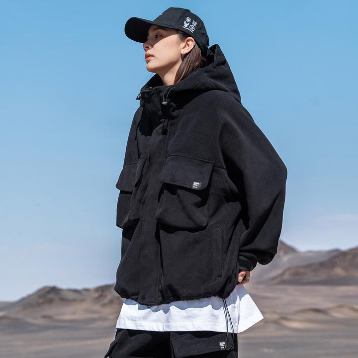 AOGZ摇粒绒工装连帽外套男女秋冬季新款加绒加厚潮流开衫情侣夹克