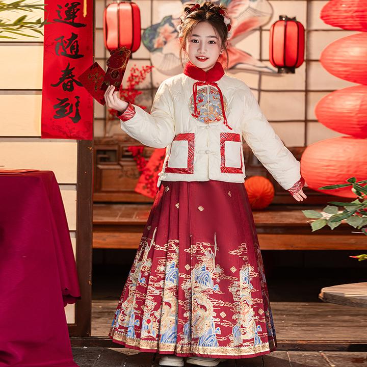 龙腾九州马面裙女童秋冬款儿童汉服中国风拜年服2024新款红色冬季