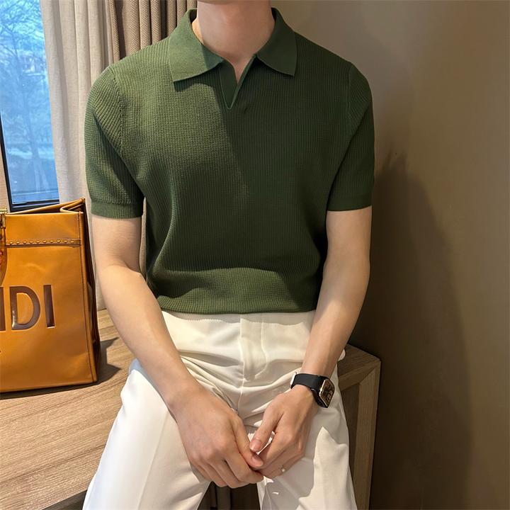 物社 夏季时尚百搭英伦风绅士复古性感小V领男士polo衫短袖上衣