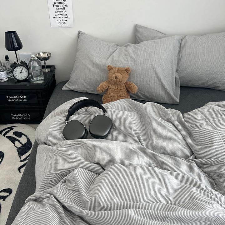 纯棉床上四件套水洗全棉100简约条纹床品学生宿舍床单被套三件套4