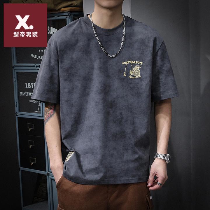 美式重磅复古圆领短袖T恤男宽松大码夏季ins潮流印花纯棉半袖上衣