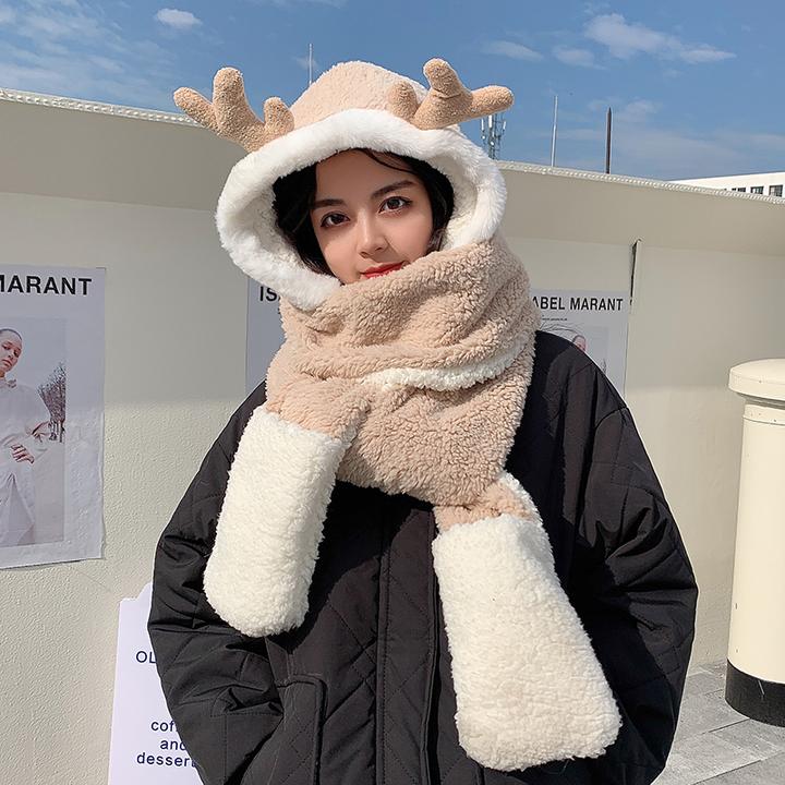 鹿角帽子女秋冬季百搭可爱毛绒护耳冬天手套围巾一体防寒保暖连帽