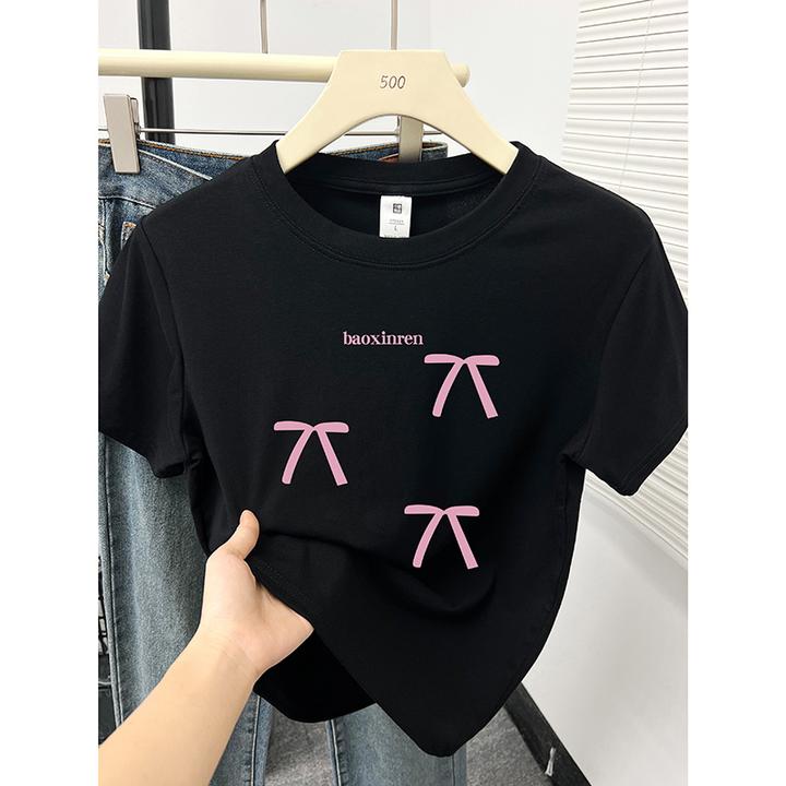 短袖女t恤显瘦正肩新款韩版减龄蝴蝶结印花休闲时尚百搭上衣ins潮