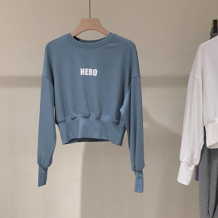 2025春季短版卫衣新款圆领字母长袖厚棉T棉ins高腰上衣女