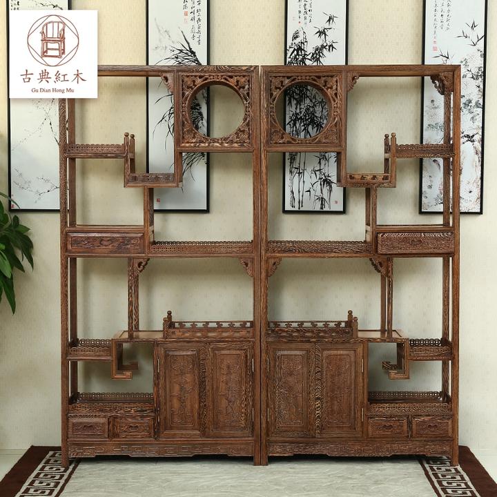 鸡翅木明清古典金钱博古架全实木摆件隔断多宝阁中式仿古红木家具