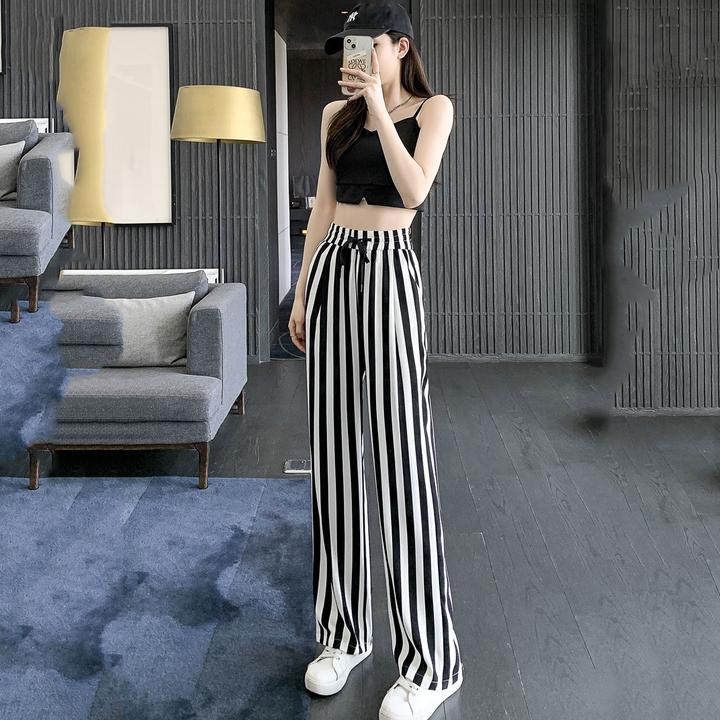 冰丝窄版阔腿裤女小个子夏季薄款显瘦竖条纹高腰垂感休闲宽松直筒