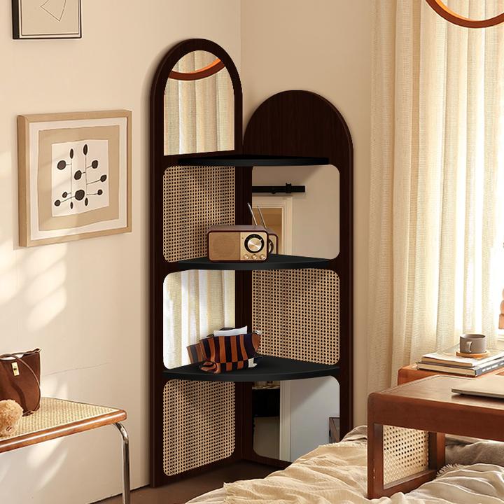 客厅转角镜面置物架中古风竖版落地三角柜复古墙角拐角多层收纳柜