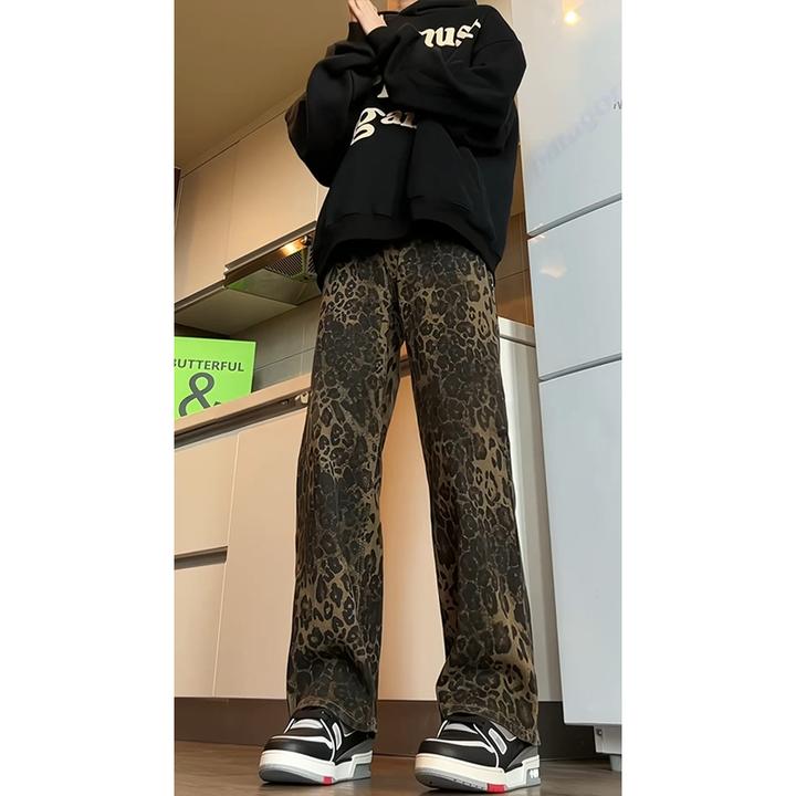 美式复古豹纹牛仔裤男春秋季高街vibe裤子cleanfit小众直筒微喇裤