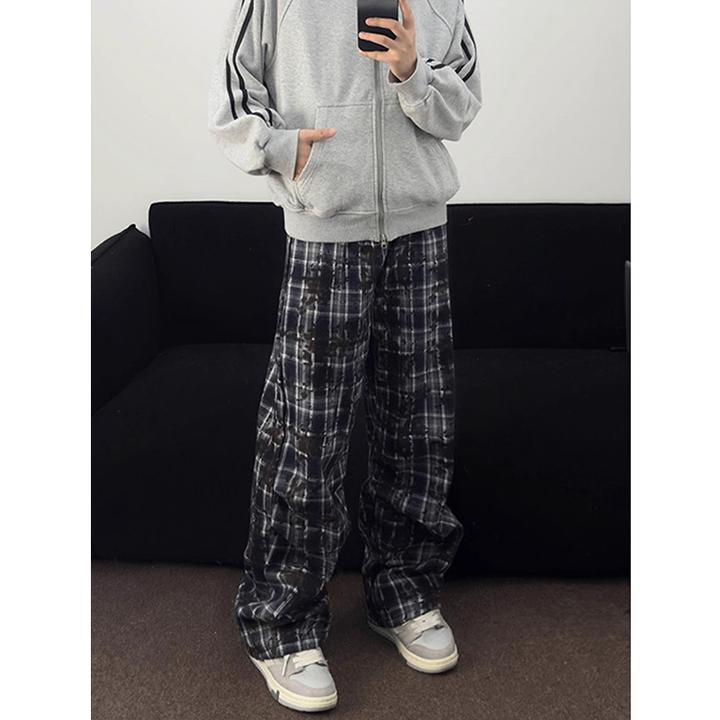 美式复古撞色格子裤男款高街潮牌扎染褶皱裤子vintage休闲阔腿裤