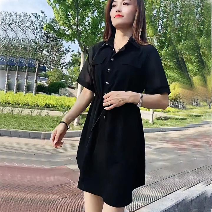 女装连衣裙超美时尚抽要显瘦遮肉翻领高档休闲小众百搭短袖小黑裙