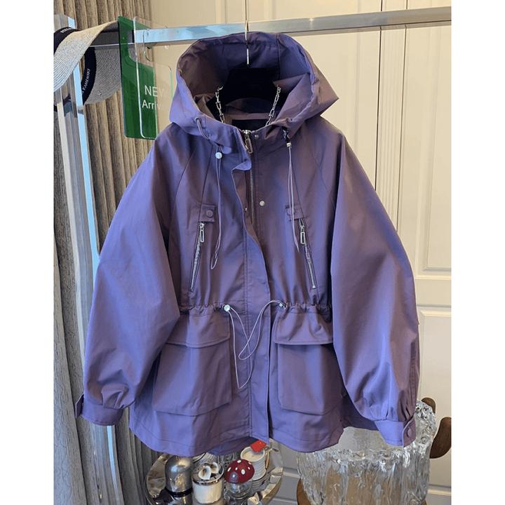 高级感休闲运动拉链连帽工装风衣冲锋衣宽松时尚中长外套2024秋装