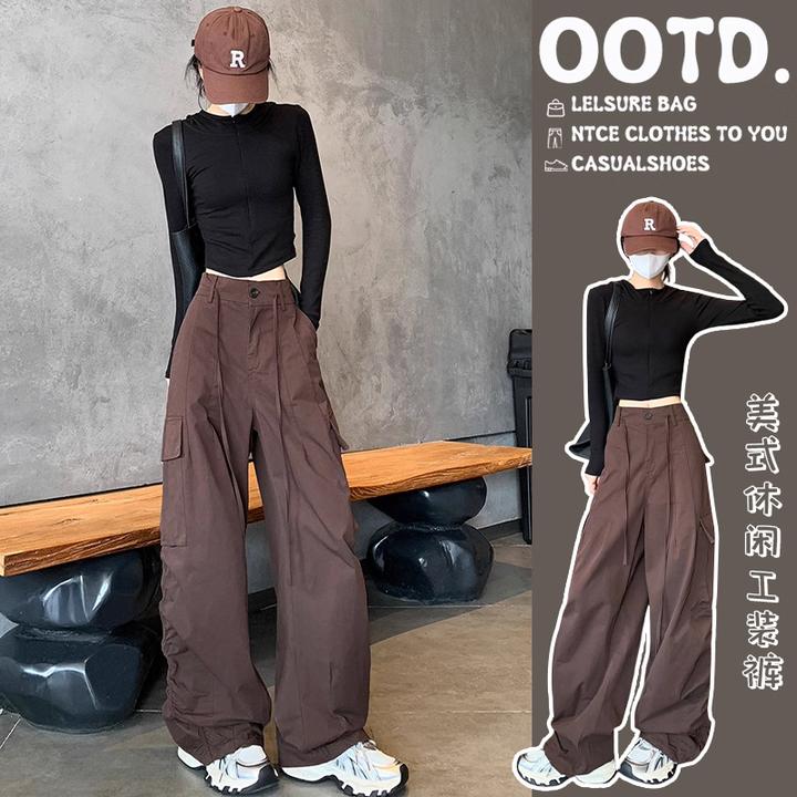 高腰窄版阔腿工装裤女春秋2024新款休闲宽松遮肉百搭拖地裤女裤子