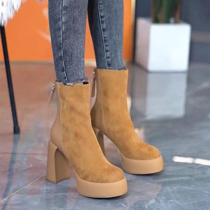 防水台厚底高跟短靴女2024年冬季新款圆头粗跟后拉链短筒瘦瘦靴子
