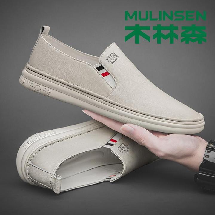 木林森休闲皮鞋男真皮秋季透气软底一脚蹬男鞋英伦高端男士乐福鞋