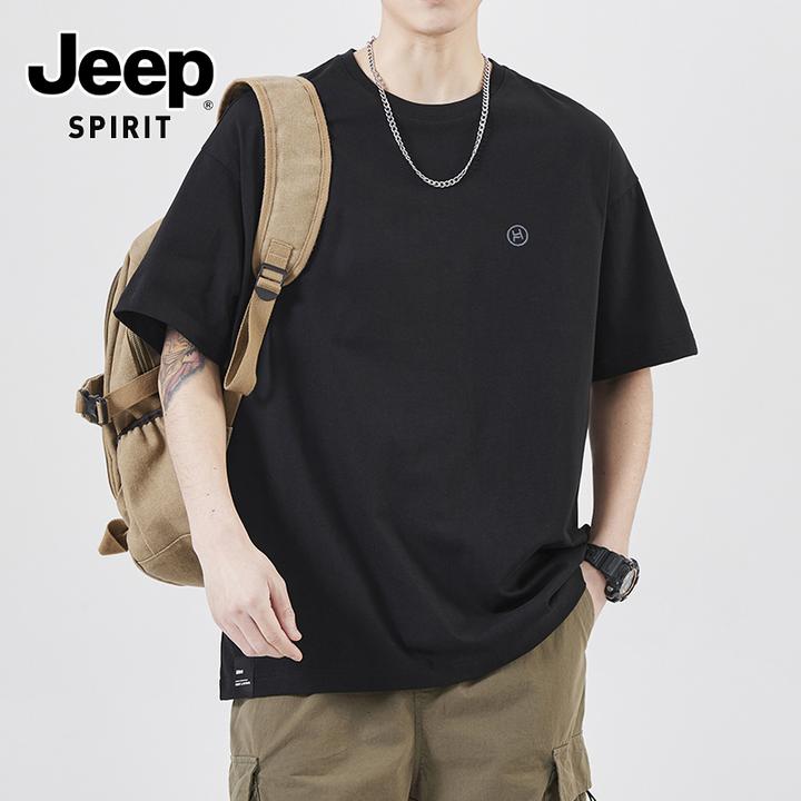 JEEPSPIRIT吉普重磅短袖T恤男士纯棉圆领宽松简约半袖夏季上衣服