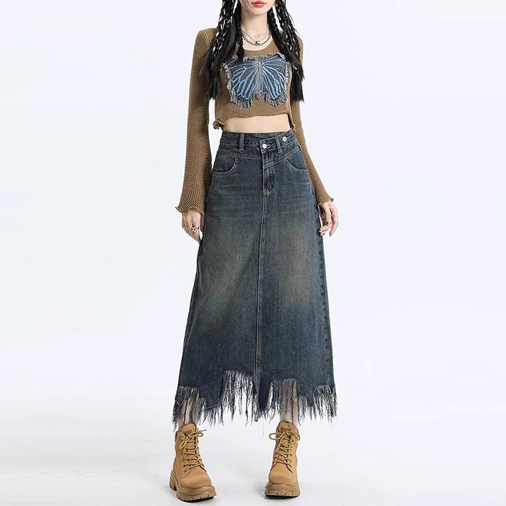 梨型遮胯牛仔半身裙女复古大码微中长款高腰显瘦a字包臀裙子
