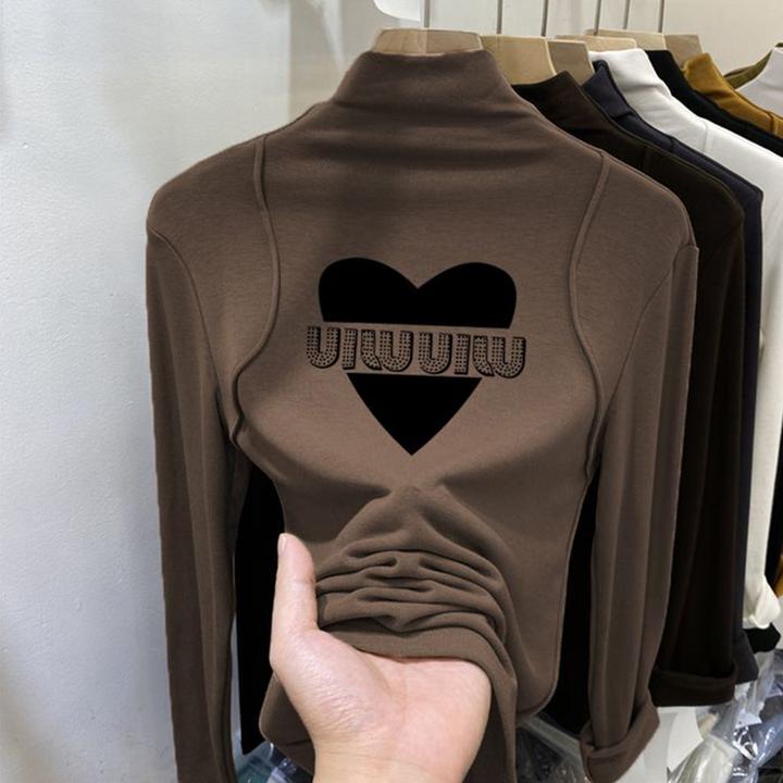 加厚半高领内搭打底衫女新款秋冬季修身加绒保暖长袖T恤印花上衣