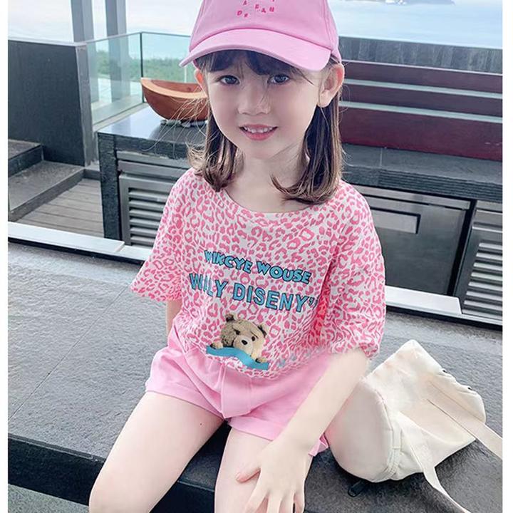 女宝宝夏装两件套时尚女童T恤中小童粉色女宝宝夏季短袖两件套