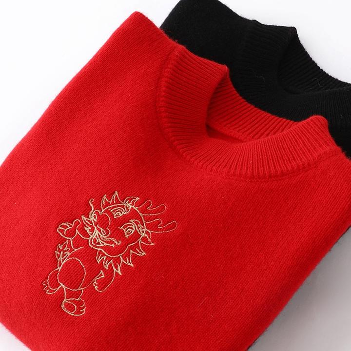 龙年战袍】儿童加厚纯羊毛衫男女童休闲卫衣拜年服红色本命年毛衣