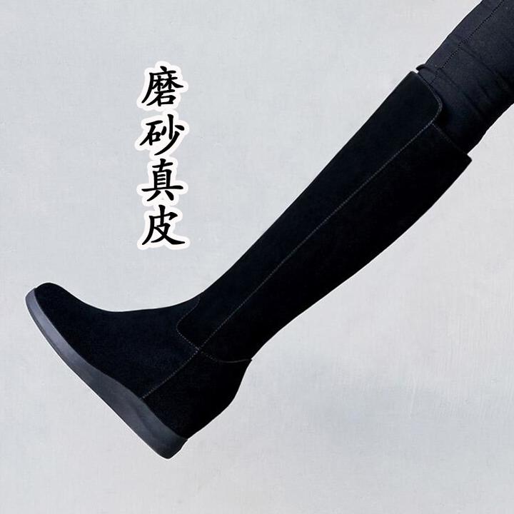 厚底高筒靴小个子女靴磨砂冬季弹力靴高跟平底加绒百搭冬季靴秋冬