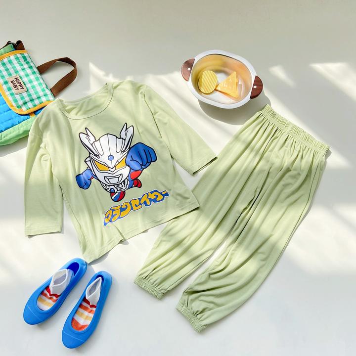 奥特曼睡衣夏款男童长袖莫代尔冰丝薄款空调服小孩儿童家居服套装