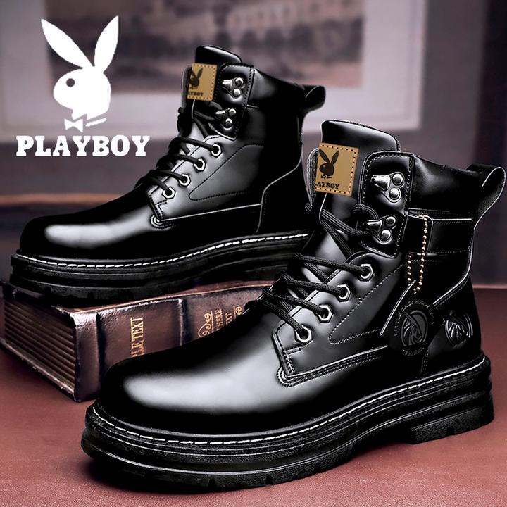 花花公子马丁靴男黑色英伦风系带机车工装鞋男休闲耐磨时尚高帮鞋