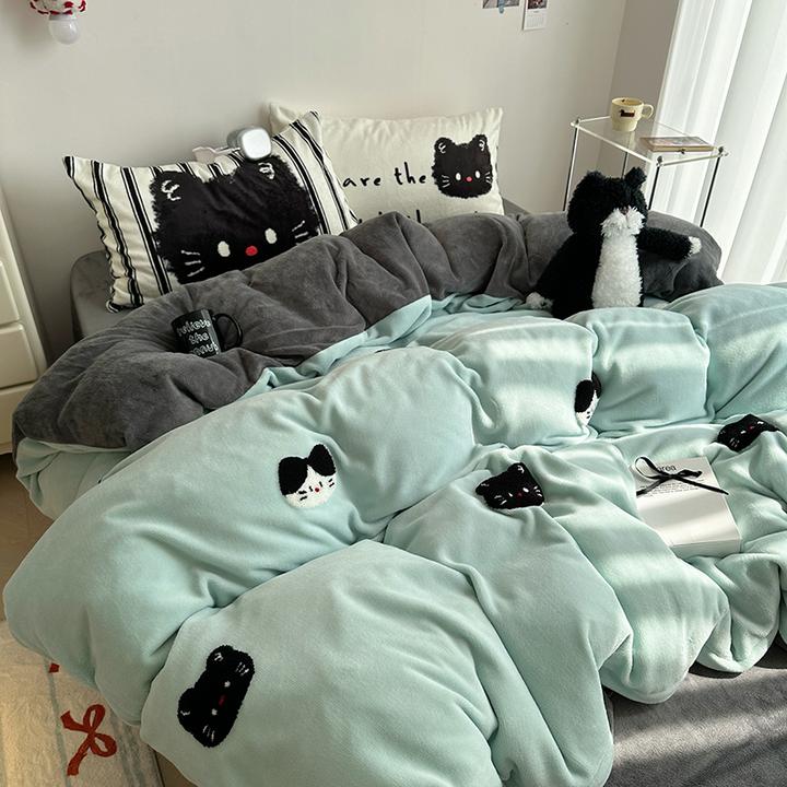 秋冬牛奶绒 可爱小黑猫毛巾绣牛奶绒四件套学生宿舍三件套被罩