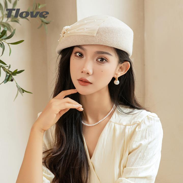 9533+tlove秋冬款真丝麻腰带钉珠装饰时尚洋气羊毛贝雷帽