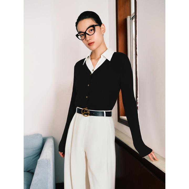 【100%美丽诺羊毛】YINER音儿秋季新款撞色翻领毛针织衫8234306410