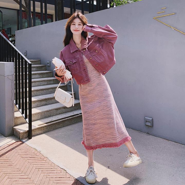 韩系树莓紫牛仔外套吊带裙套装女2025春装新款休闲减龄条纹连衣裙