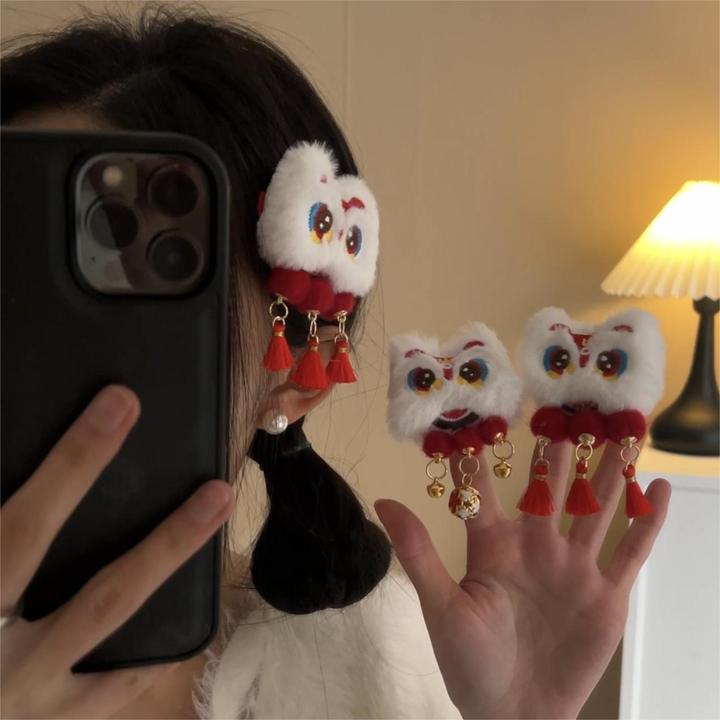 2026年新年醒狮流苏发夹女孩碎发鸭嘴夹双丸子头侧边刘海夹头饰