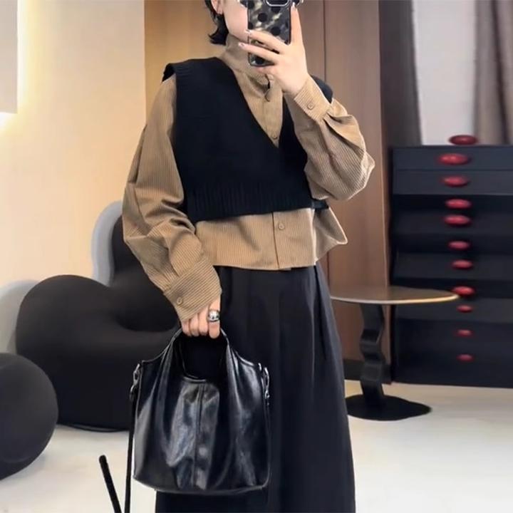 入秋穿搭一整套女2024新款韩版长袖衬衫短款马甲时尚半身裙三件套