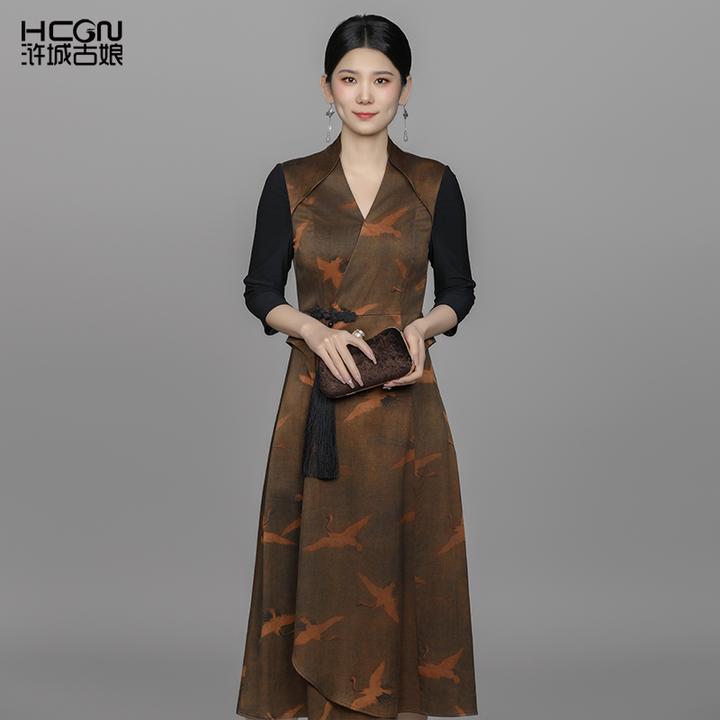 春夏季女装真丝长裙子桑蚕丝100%悠然香云纱连衣裙22B11163