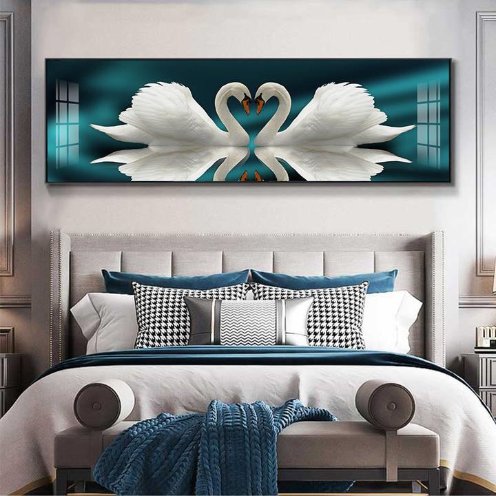 卧室床头装饰画现代简约晶瓷晶钻横版挂画客厅沙发背景墙天鹅壁画