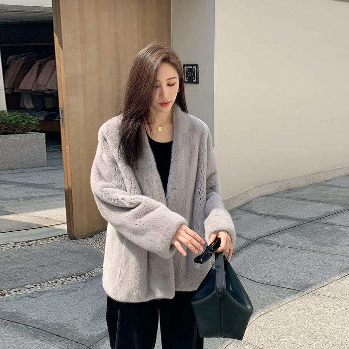 【61CM长】进口短二天鹅绒水貂整貂皮草外套V领百搭貂皮大衣女短款