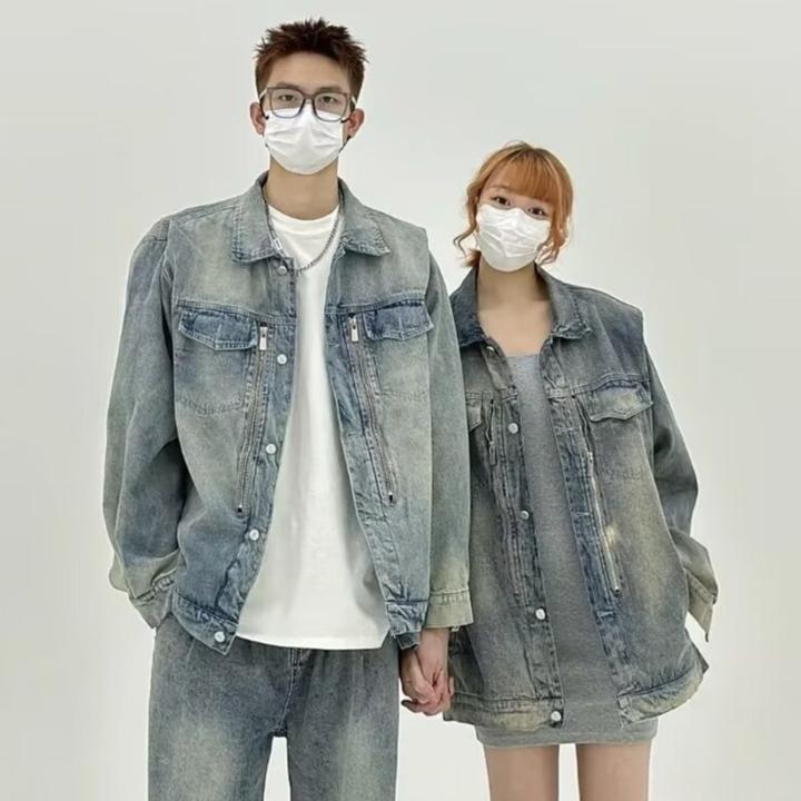 美式潮牌水洗做旧牛仔外套男女夹克宽松oversize情侣上衣秋款百搭