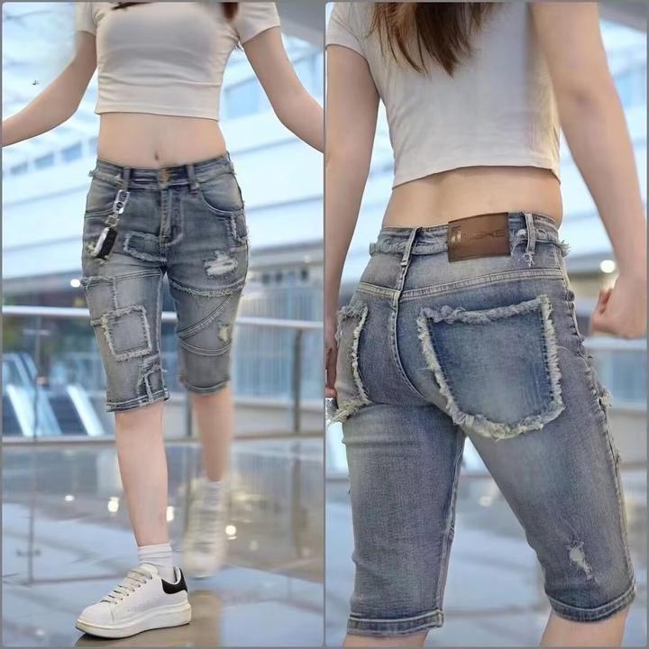 男士牛仔短裤夏季薄款宽松五分中裤潮牌拼接机车5分破洞弹力马裤