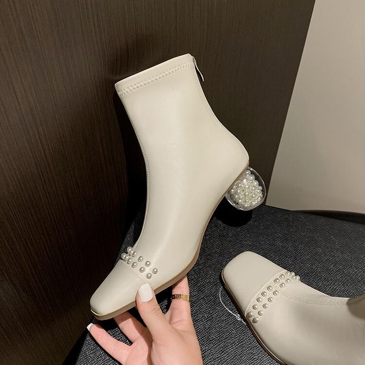 里外纯皮～牛皮5cm方头时尚中跟短靴显瘦珍珠瘦瘦靴短筒弹力靴法式