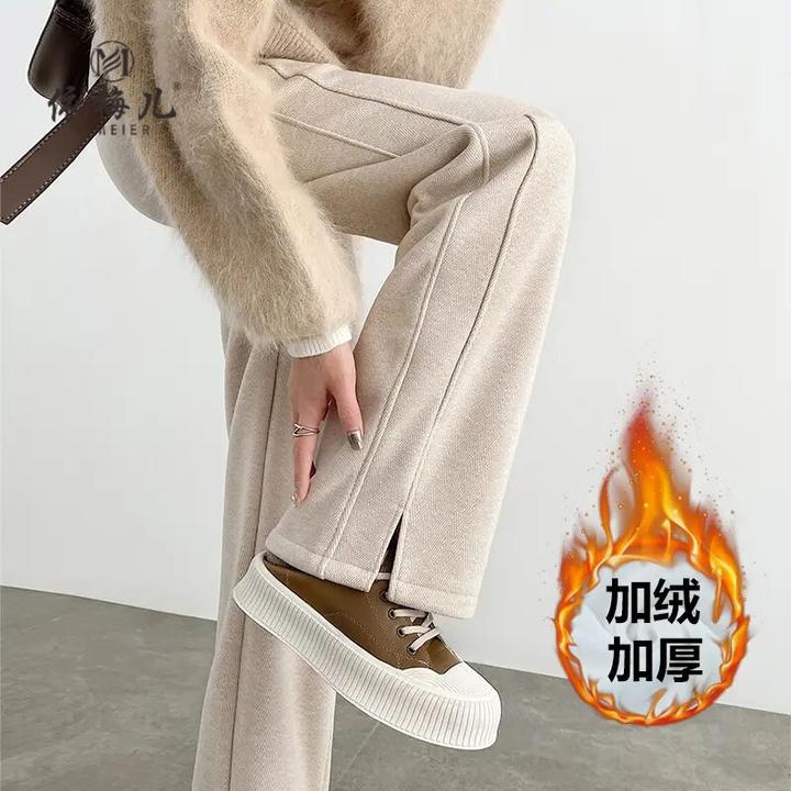 加绒加厚裤子女秋冬季2024新款高腰直筒毛呢开叉人字纹窄版阔腿裤