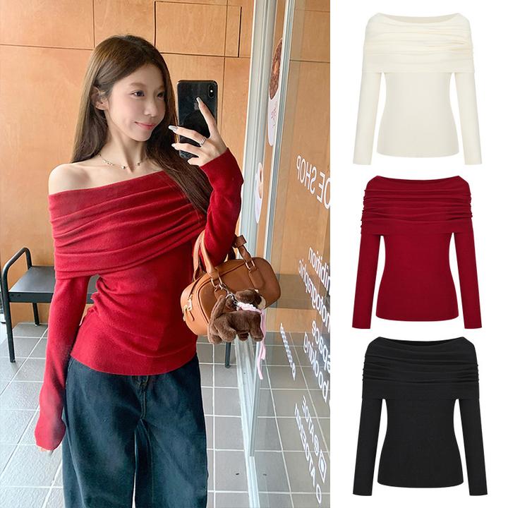 Moses Queen/魔西女王圣诞红法式一字肩针织上衣显瘦气质漏肩长袖