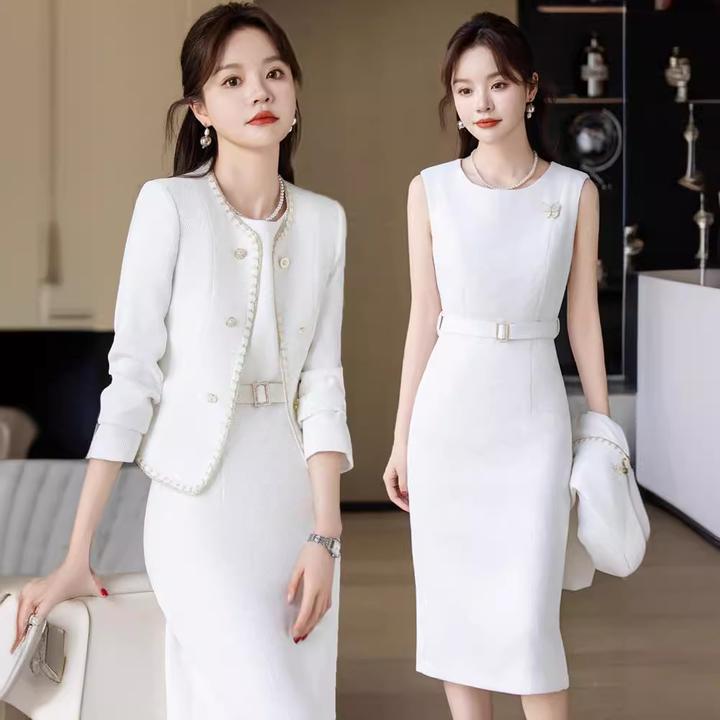 白色小香风外套女春季2024新款高端气质女神范职业连衣裙时尚套装