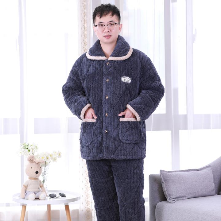 2024男士冬季睡衣加绒加厚三层夹棉珊瑚绒长袖保暖套装外穿家居服