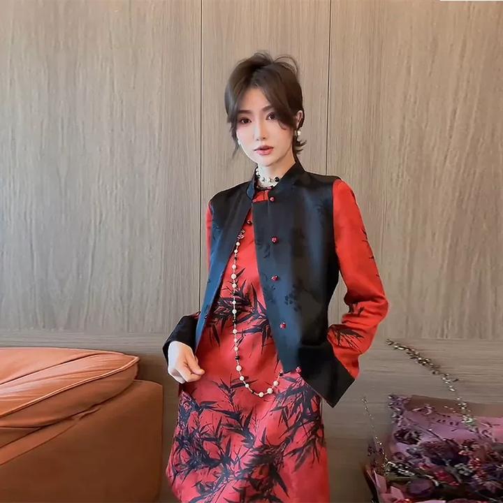 新中式禅意套装红色印花旗袍改良连衣裙黑色马甲气质高级感两件套