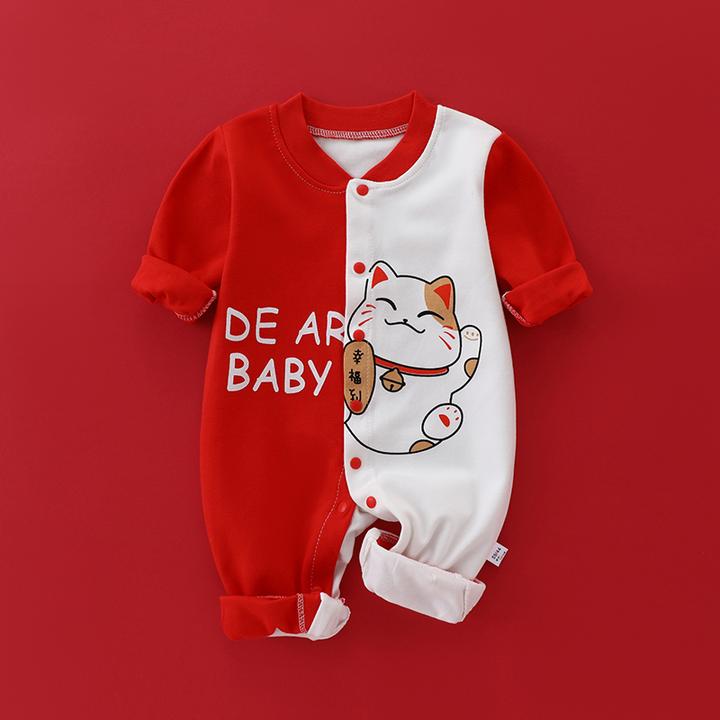 新生儿纯棉衣服春秋长袖连体衣男女宝宝夏季薄哈衣婴幼儿红色外出