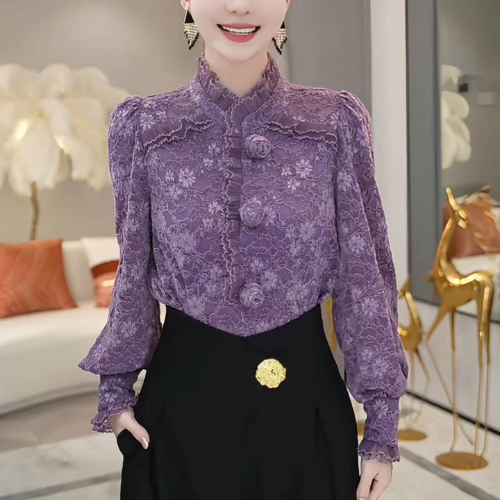 法式紫色衬衫女士2024秋冬季新款高级感洋气减龄休闲显瘦丝绒上衣